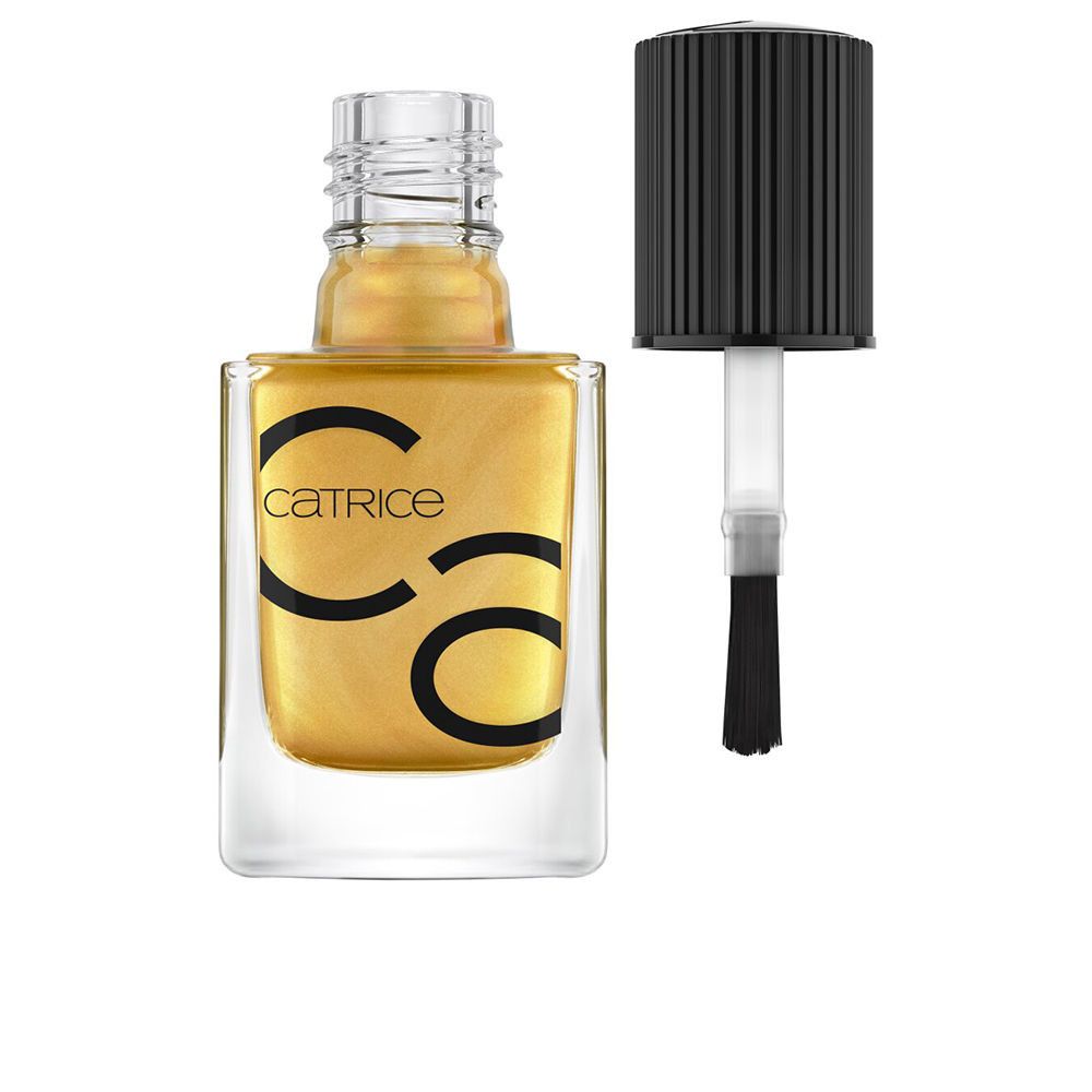 Nagellackflasche mit goldfarbenem Inhalt. Schwarzer Deckel mit Pinsel. Marke Catrice.