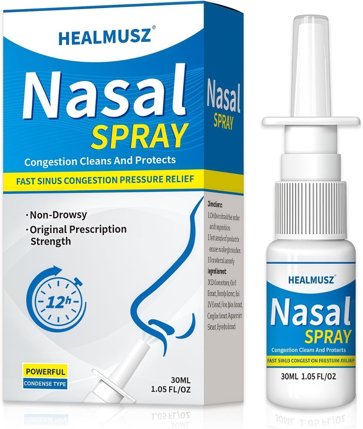 Nasenspray-Flasche und -Verpackung. Blaue und weiße Verpackung mit Produktnamen und Logo. 30 ml.
