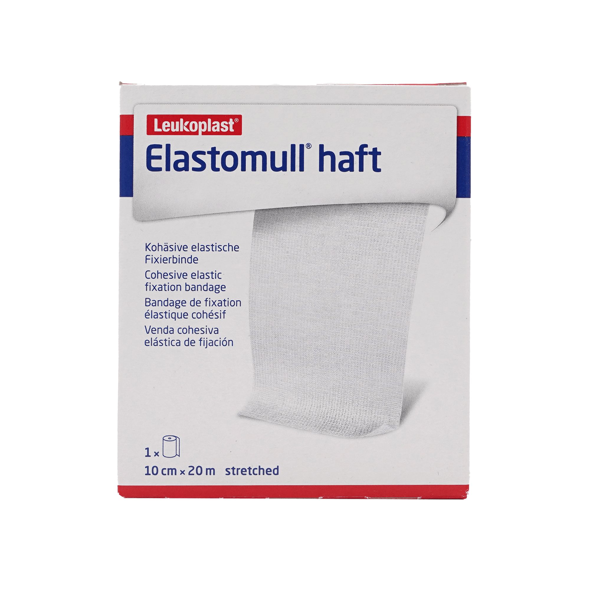 Produktverpackung von Elastomull haft. Weiß, mit blauem und rotem Streifen. Rolle Fixierbinde sichtbar.