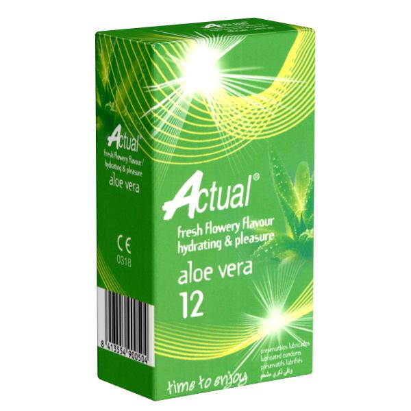 Grüne Verpackung mit "Actual"-Logo. Text: "fresh flowery flavour", "hydrating & pleasure", "aloe vera", "12". CE-Kennzeichnung.
