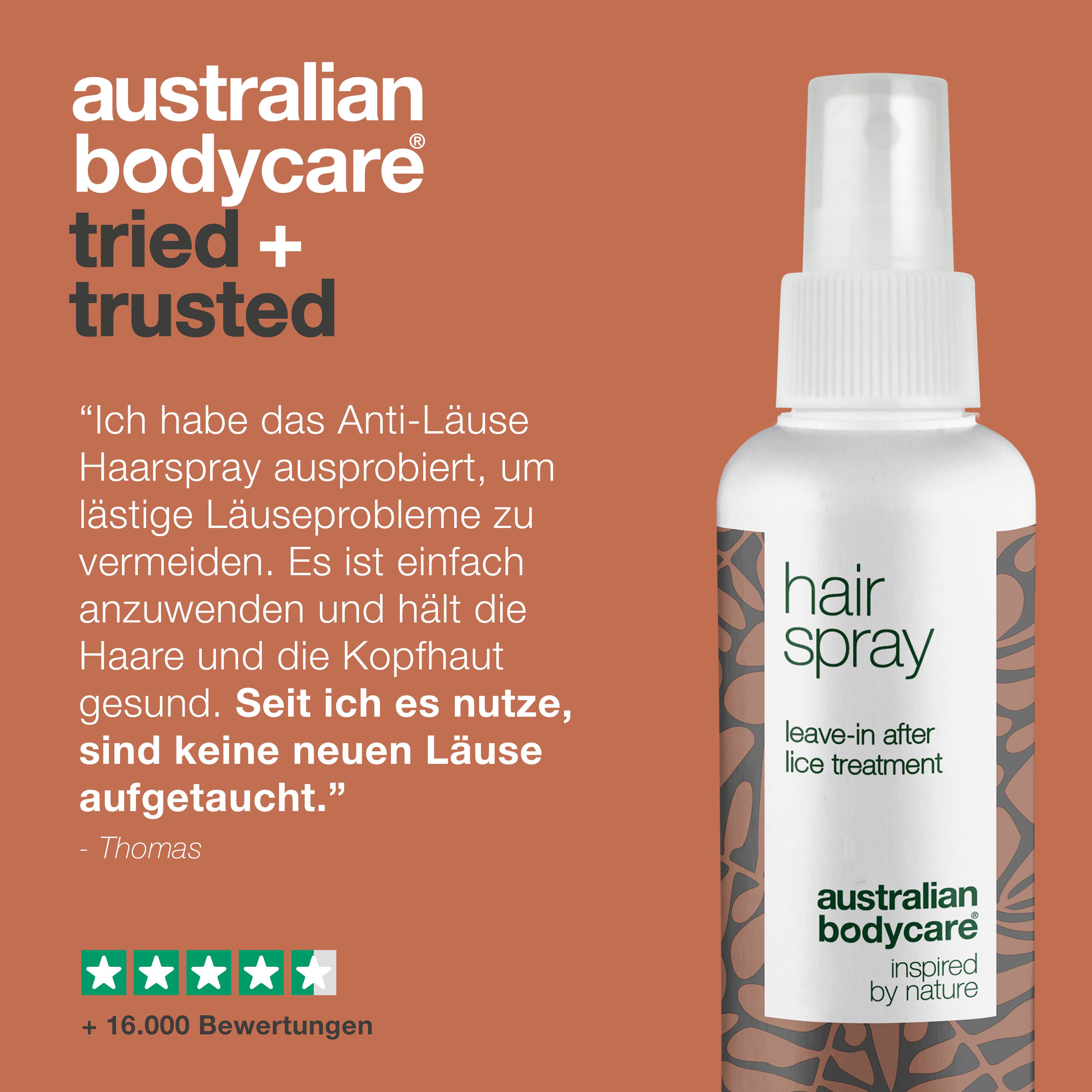 Haarspray-Flasche mit Text und Zitat. Aufschrift: hair spray, leave-in after lice treatment. Zitat von Thomas.