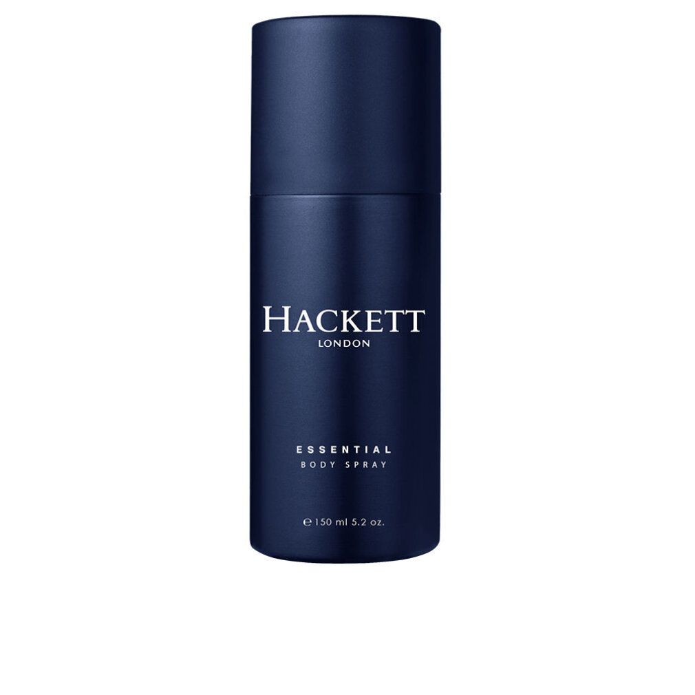 Dunkelblaue Sprühflasche. Hackett London, Essential Body Spray. Weiße Schrift. Volumenangabe.