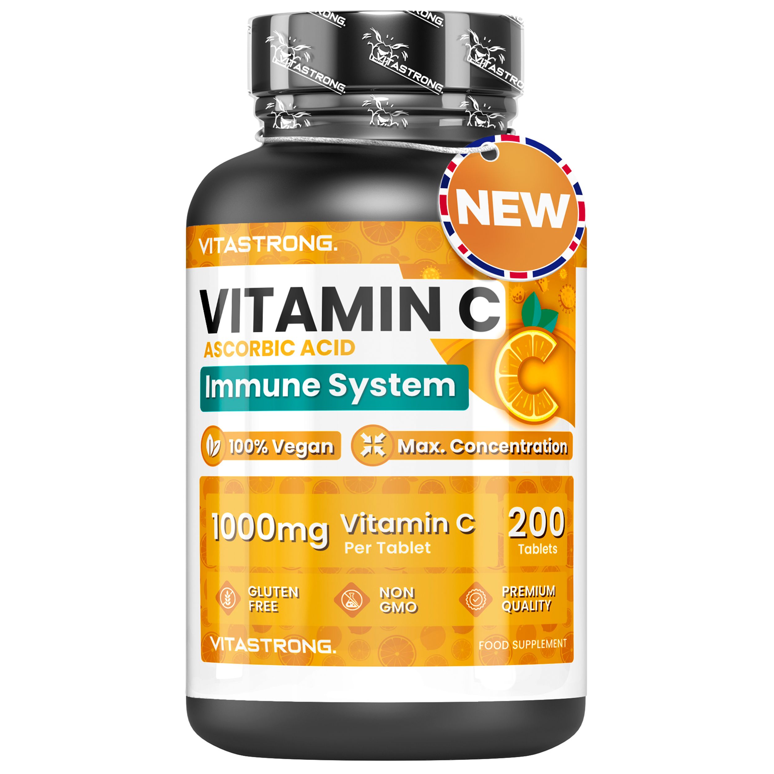 Vitastrong Vitamin C-Tabletten. Schwarze Dose, gelbes Etikett. 200 Tabletten, 1000mg. Text: Ascorbinsäure, Immunsystem, 100% vegan, Max. Konzentration.