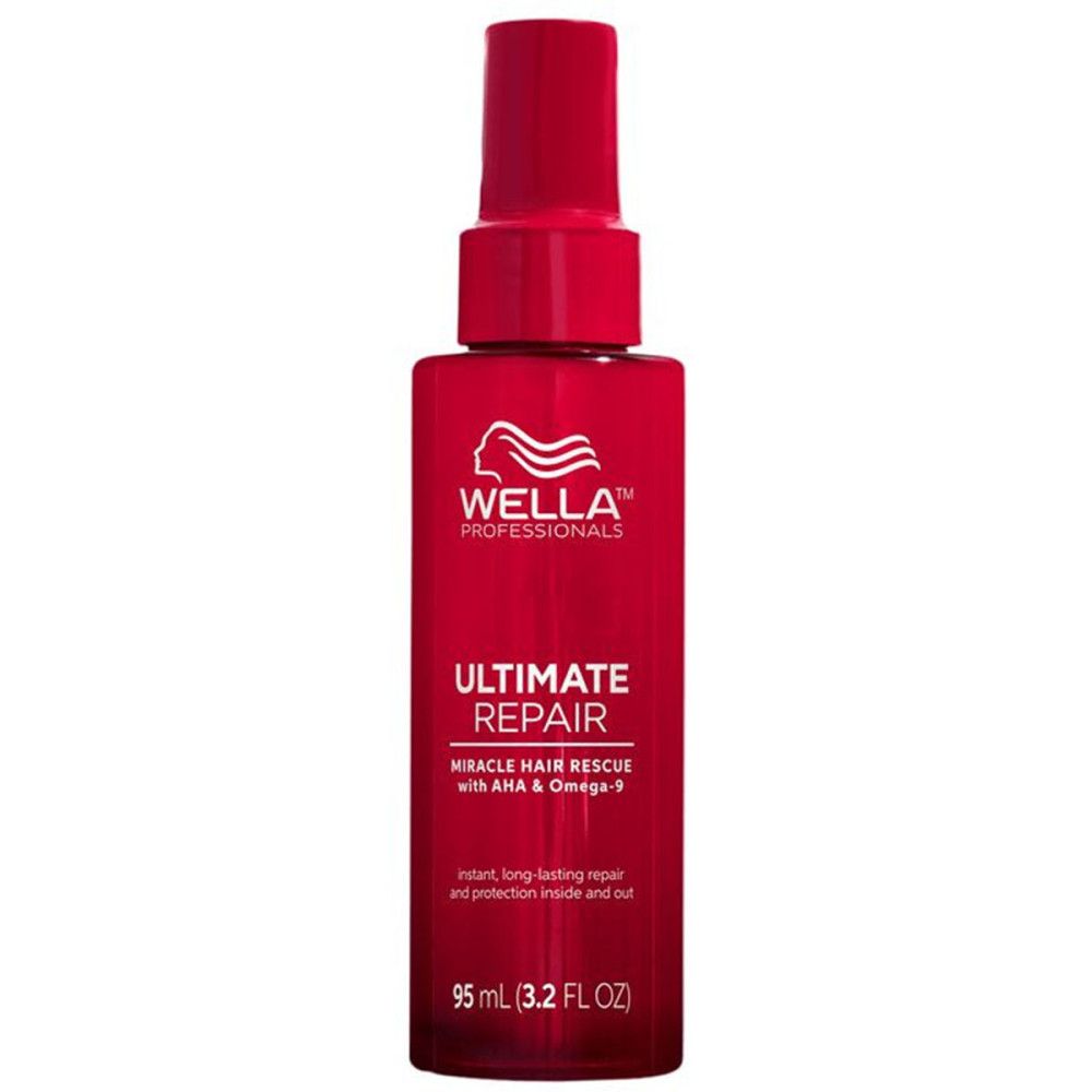 Rote Flasche Wella Ultimate Repair. Aufschrift: Miracle Hair Rescue mit AHA & Omega-9. 95 ml (3.2 FL OZ).