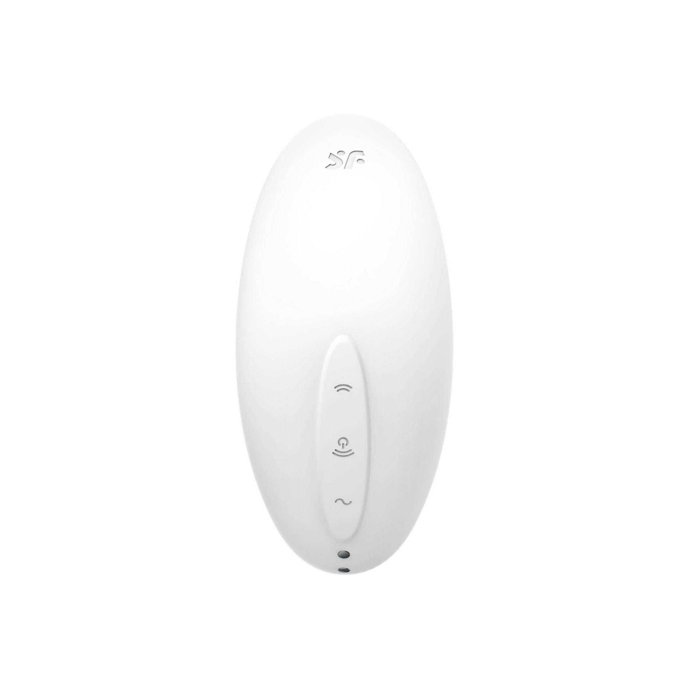Weißes, ovales Gerät mit drei Knöpfen. Oberseite mit Logo.