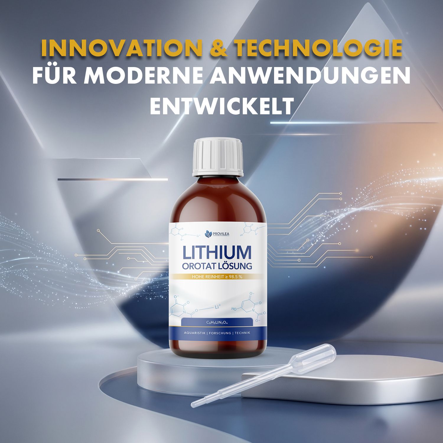 Braune Glasflasche mit weißem Etikett. Aufschrift: Lithium Orotat Lösung. Daneben eine Pipette. Hintergrund: abstrakte Formen.