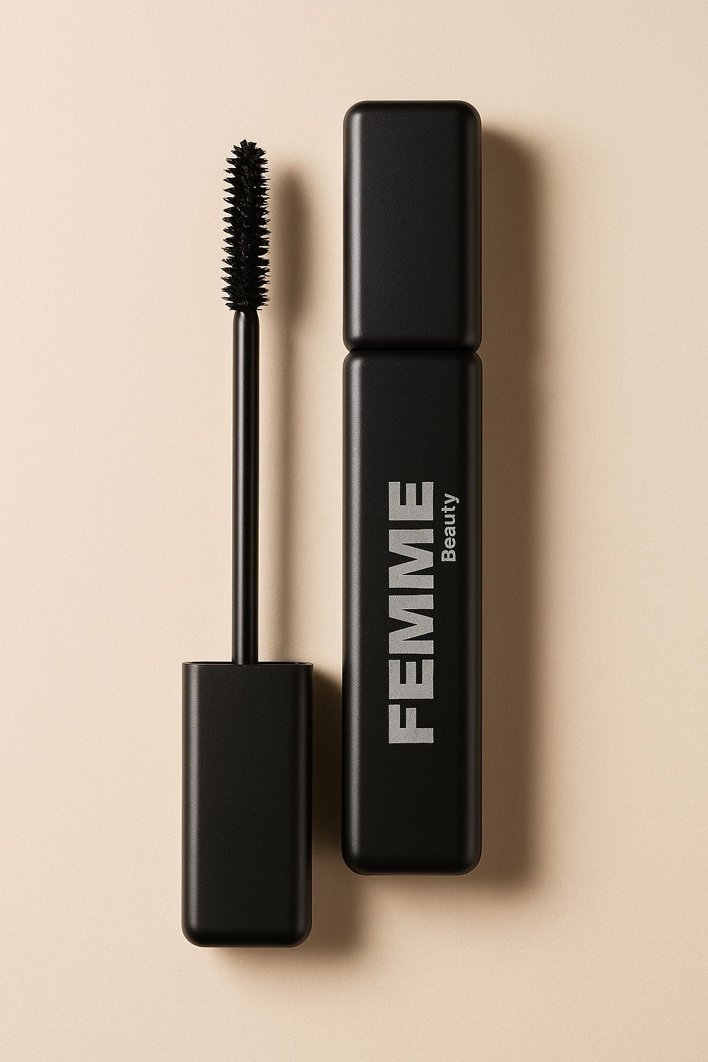 FEMME Deep Black Volume Mascara in schwarzer Verpackung, Applikator daneben.