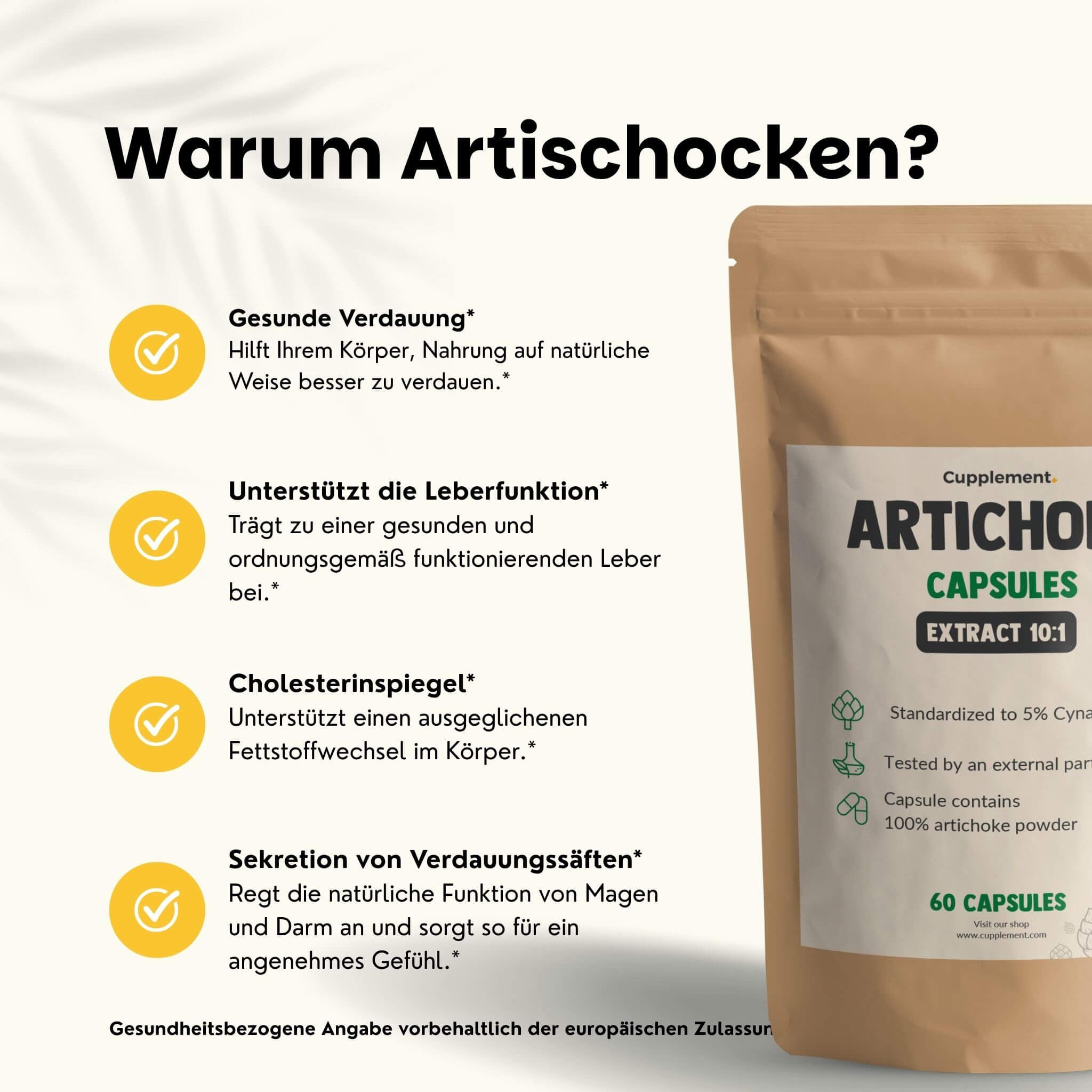 Braune Tüte mit Artischocken Kapseln. Text: Artischocke Kapseln, Extrakt 10:1, 60 Kapseln. 100% natürlich & vegan.