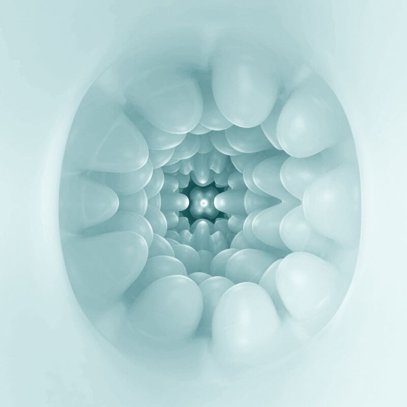 Innenansicht eines hellblauen Masturbationsgeräts. Innenraum mit Noppen strukturiert.