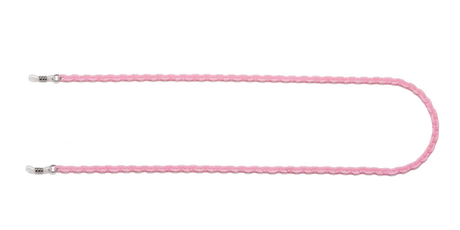 Rosa Brillenkette. Geflochtenes Design. Metallenden zur Befestigung an Brillenbügeln. Auf weißem Hintergrund.