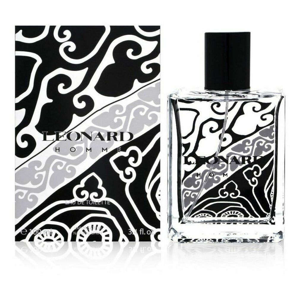 Flakon und Verpackung von Leonard Homme Eau de Toilette. Schwarzes und graues Muster. Schwarzer Verschluss. Aufschrift: Eau de Toilette.