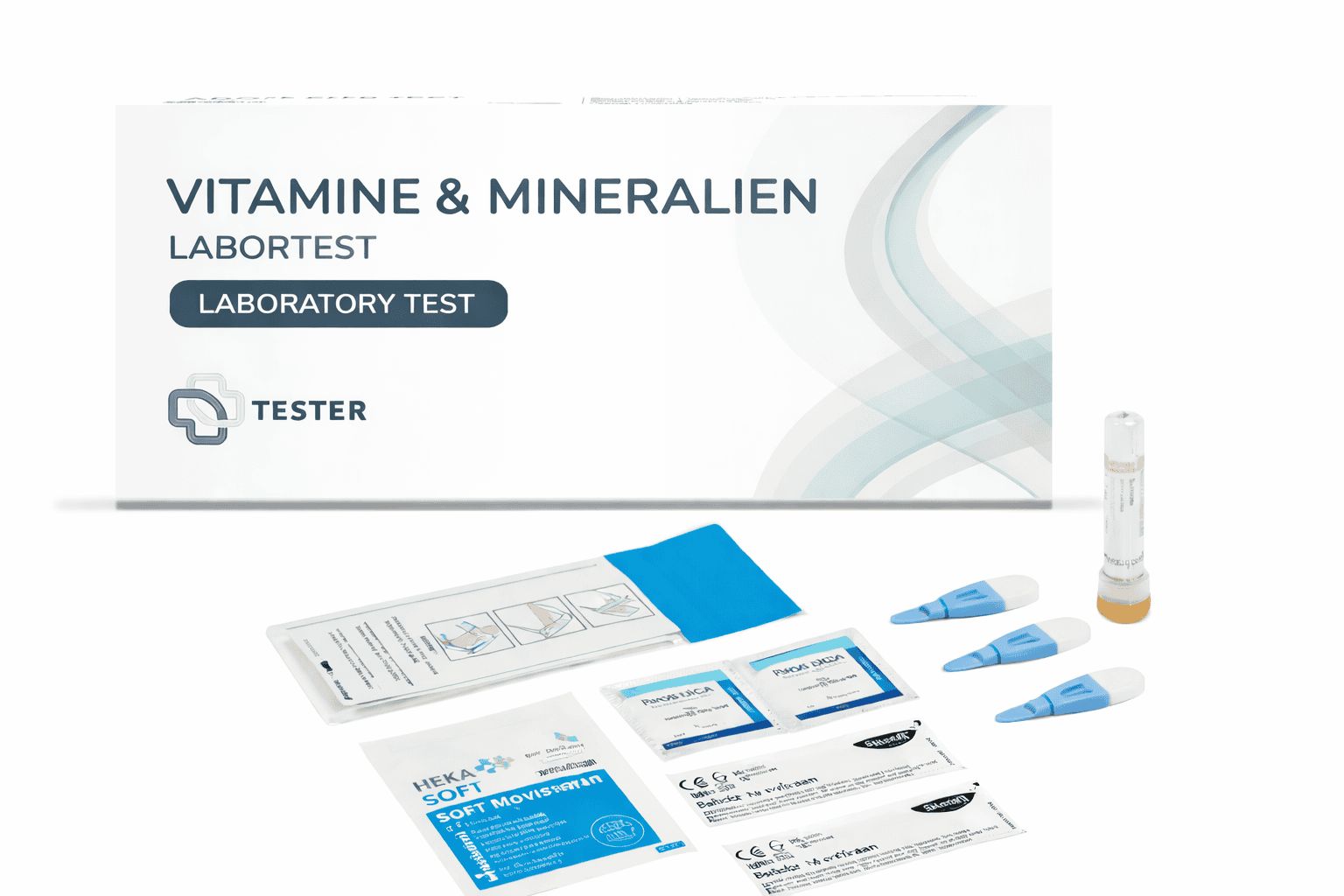 Vitamine & Mineralien Labortest-Kit: Geöffnete Verpackung mit Teströhrchen, Lanzetten und Tupfern.