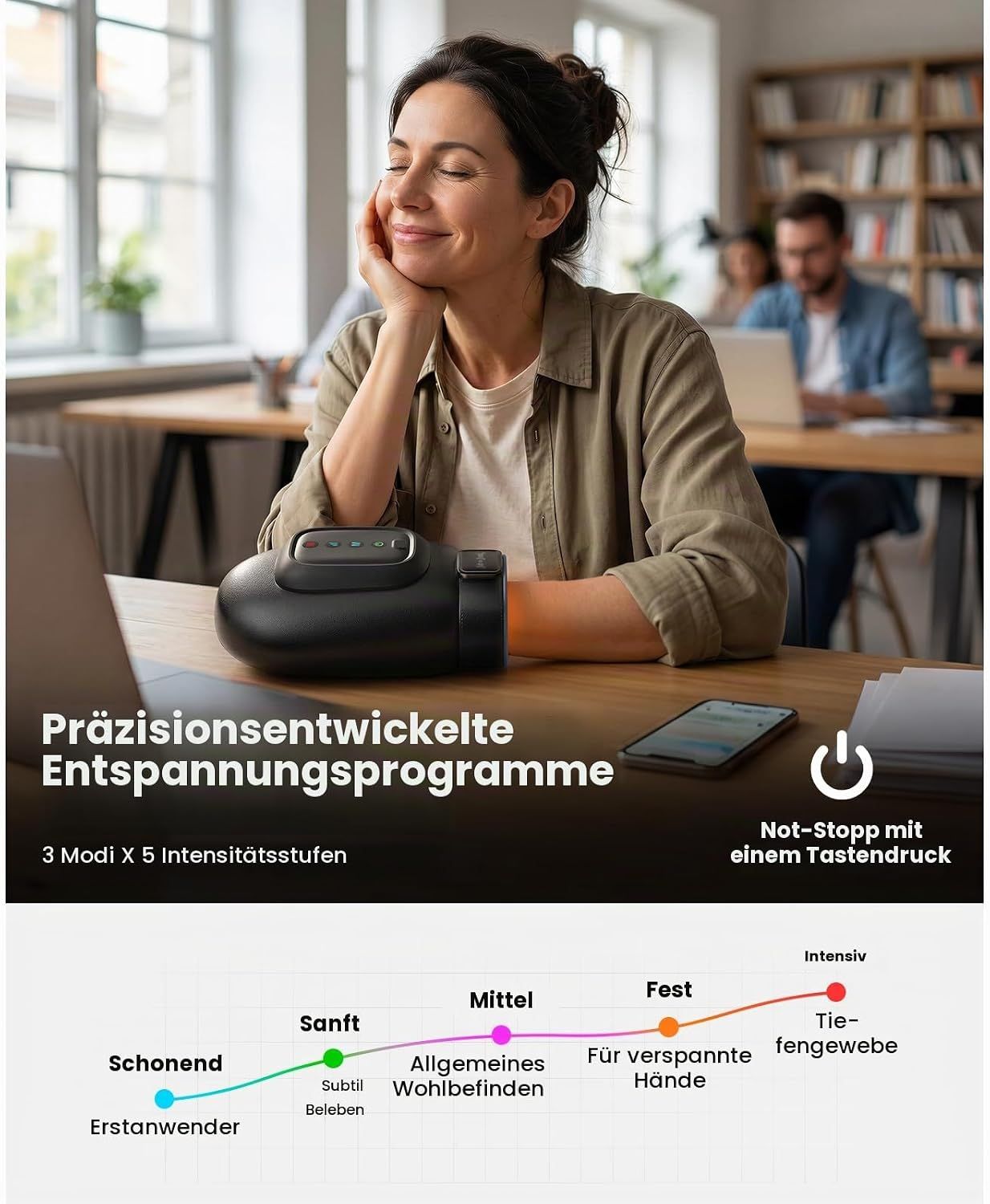 Frau entspannt mit Massagegerät, das präzisionsentwickelte Entspannungsprogramme bietet.