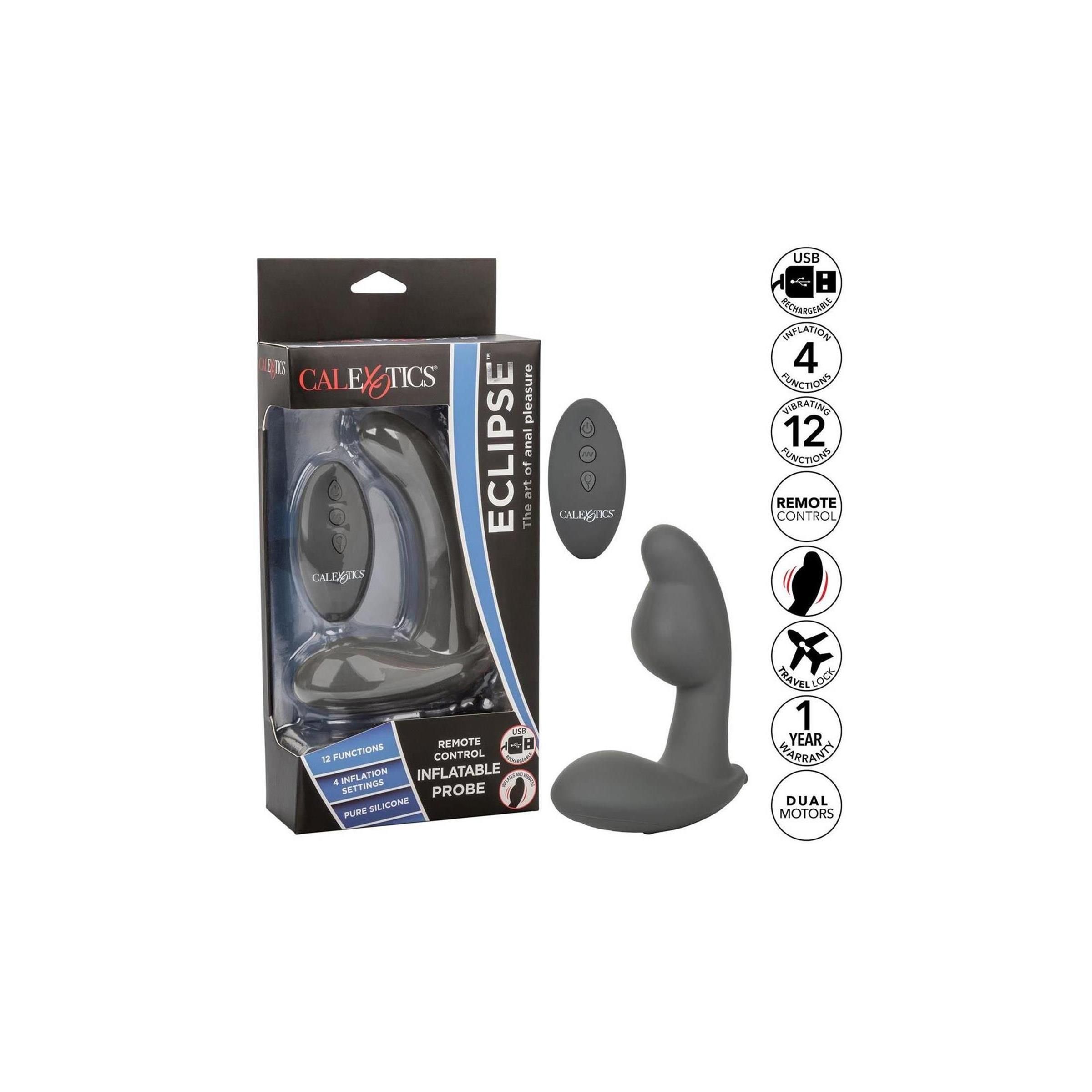 Produkt in Verpackung. Marke CalExotics, Modell Eclipse. Fernbedienung, aufblasbare Sonde. 12 Funktionen, 4 Aufblas-Einstellungen. Zubehör.
