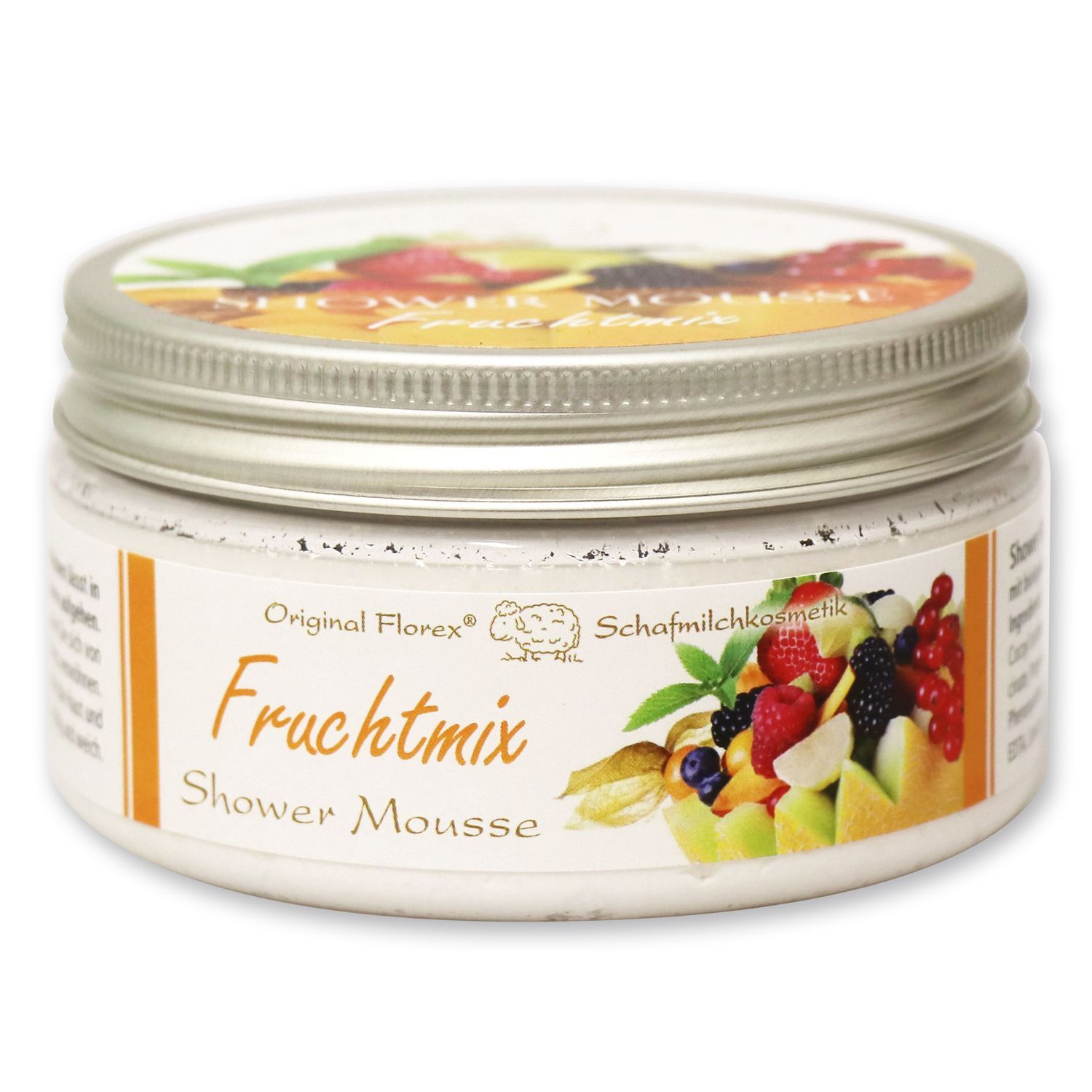 Runde Dose mit silbernem Deckel. Aufschrift: Fruchtmix Shower Mousse. Abbildung von Früchten. Marke: Original Florex Schafmilchkosmetik.