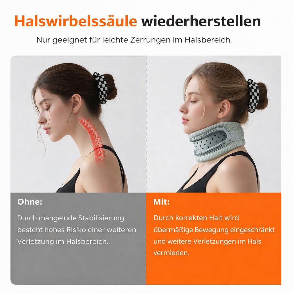 Nackenstütze, grau. Frau mit und ohne Stütze. Text: Halswirbelsäule wiederherstellen. Ohne: hohes Verletzungsrisiko. Mit: Bewegungseinschränkung.
