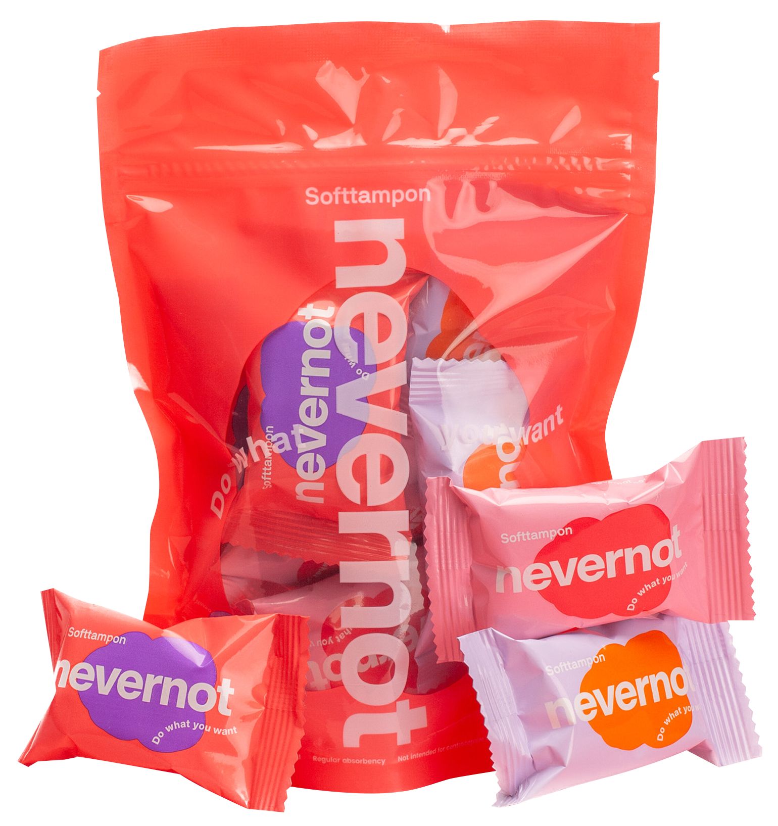 Verpackung mit Soft-Tampons. Einzeln verpackte Tampons in verschiedenen Farben. Aufdruck: nevernot, Softtampon.