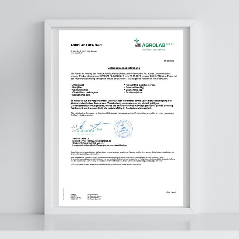 Analysenzertifikat von Agrolab Lufa GmbH für Cari Nutrition Bio Grüne Minze Tee.