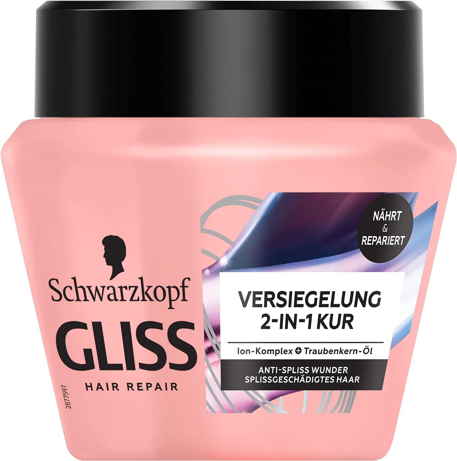 Vaso rosa con coperchio nero. Scritta: Schwarzkopf Gliss, 2-in-1 Versiegelung Kur Anti-Spliss Wunder. Logo.