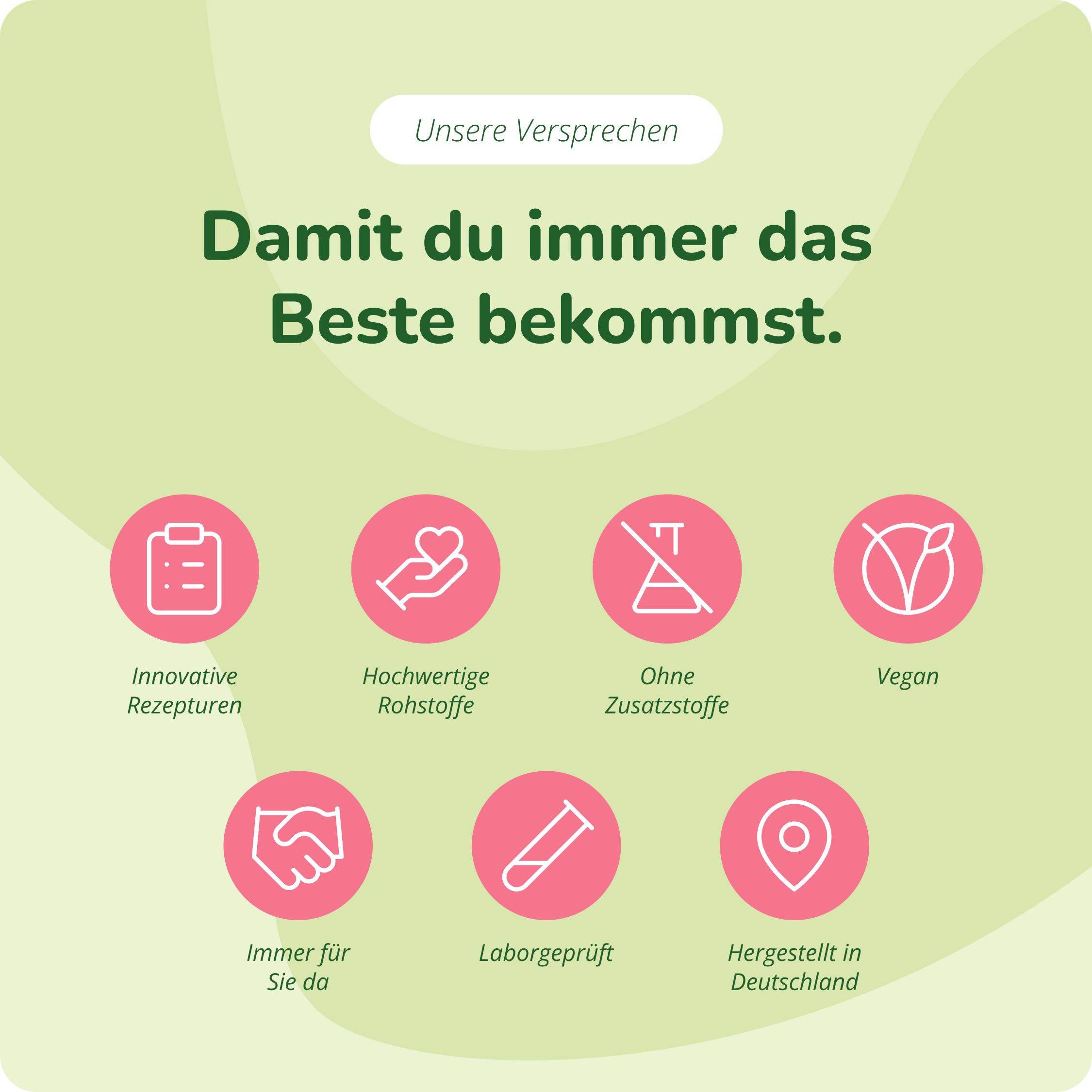 Symbole für innovative Rezepturen, hochwertige Rohstoffe, keine Zusatzstoffe, vegan, Kundenservice und deutsche Herstellung.
