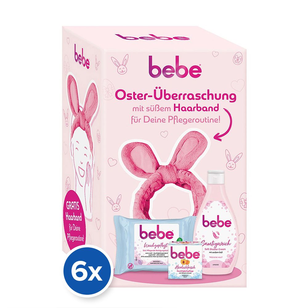 Rosa Geschenkbox mit bebe-Produkten: Tücher, Feuchtigkeitspflege, Soft Shower Cream und Haarband. 6er-Pack.