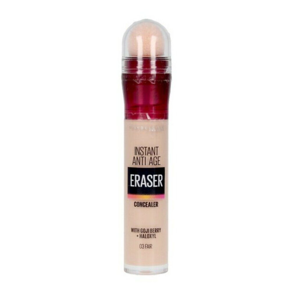 Maybelline New York Eraser Concealer. Beige Tube mit Schwamm-Applikator. Text: Instant Anti-Age, Eraser, Concealer, 03 Fair.