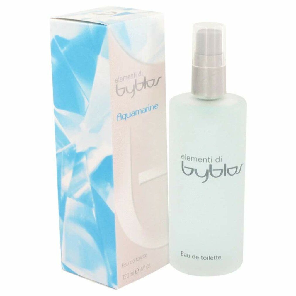 Byblos Aquamarine Eau de Toilette mit Verpackung. Flakon und Schachtel. Schachtel mit blauem Design. 'Aquamarine' und 'elementi di byblos'.
