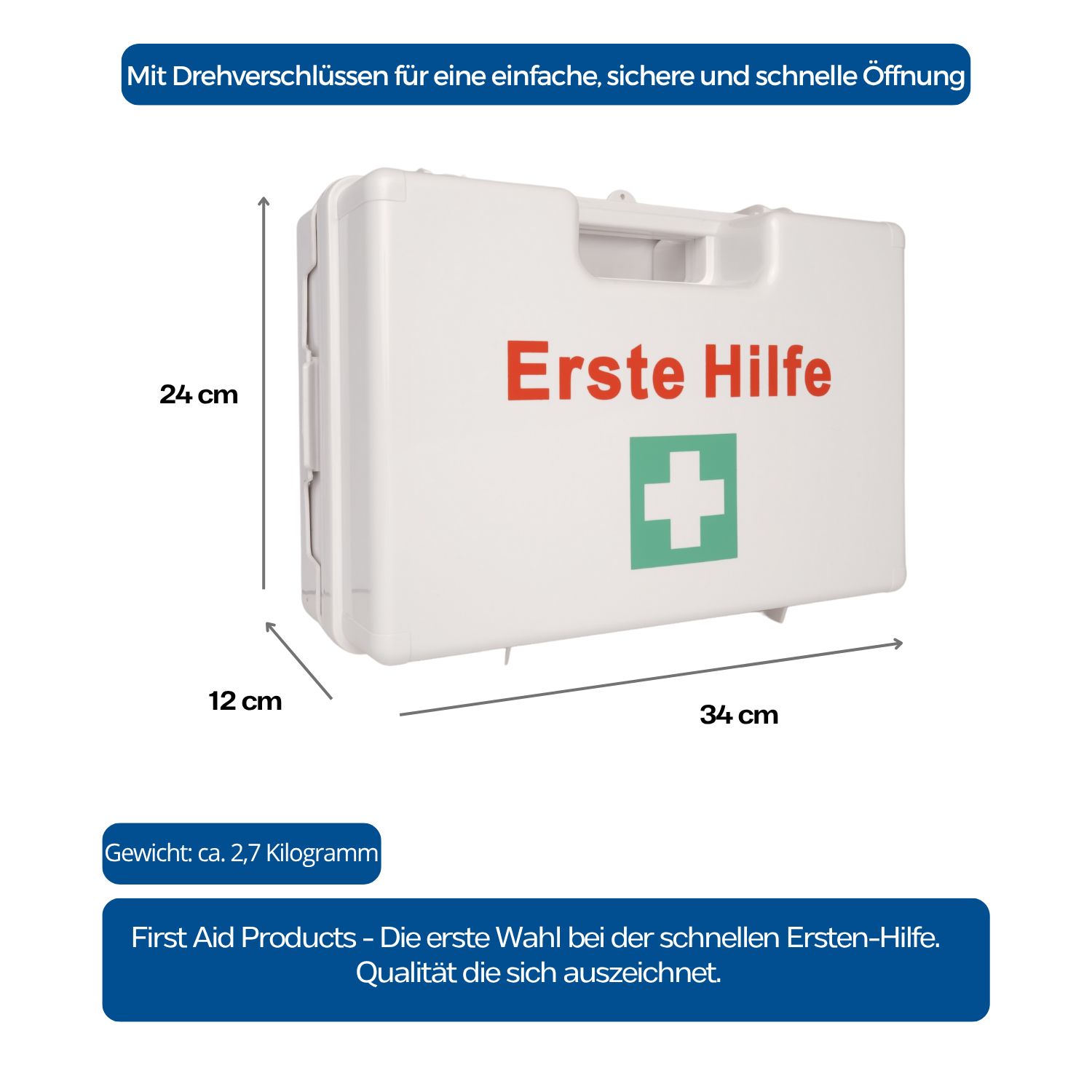 Weißer Erste-Hilfe-Koffer mit Maßen: 34x24x12 cm. Rote Aufschrift "Erste Hilfe" und grünes Kreuz. Gewicht: ca. 2,7 kg.