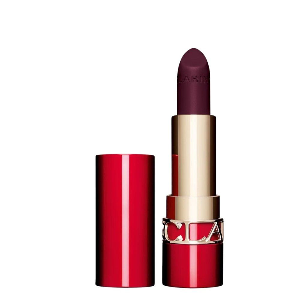 Clarins Joli Rouge Velvet Lippenstift in dunklem Lila, Kappe abgenommen.