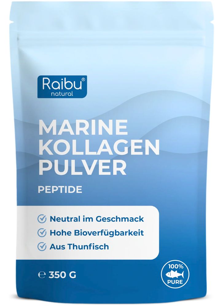 Raibu Marine Kollagen Pulver Beutel mit 350g Inhalt.