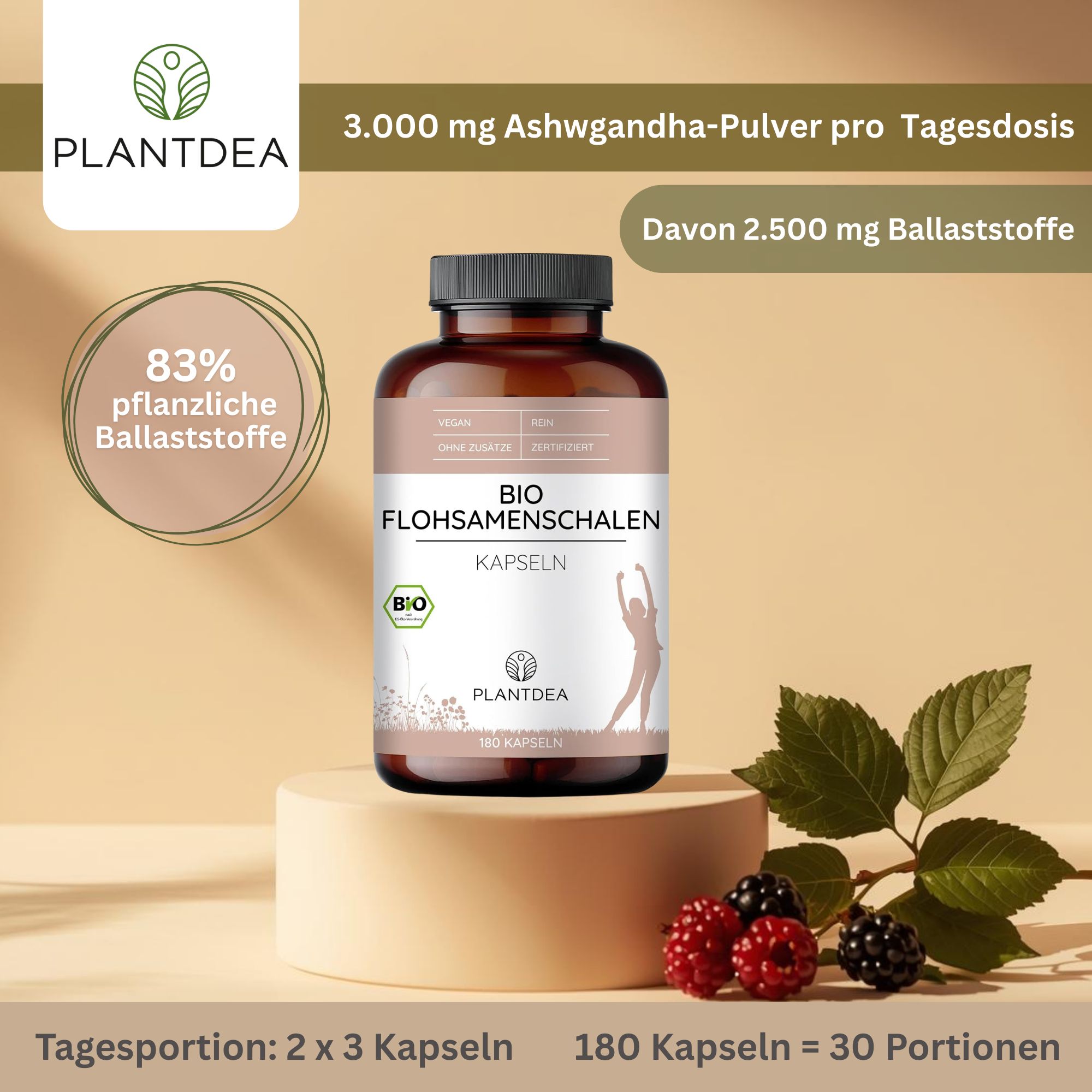 Braune Flasche mit Kapseln. Aufschrift: BIO Flohsamenschalen Kapseln. 180 Kapseln. 83% pflanzliche Ballaststoffe. 3.000 mg Ashwagandha-Pulver.