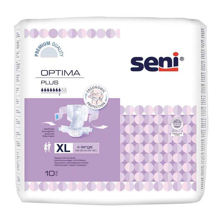 Verpackung Seni Optima Plus XL. Lila Packung mit Produktabbildung und Schriftzug. Größe XL. Enthält 10 Stück.