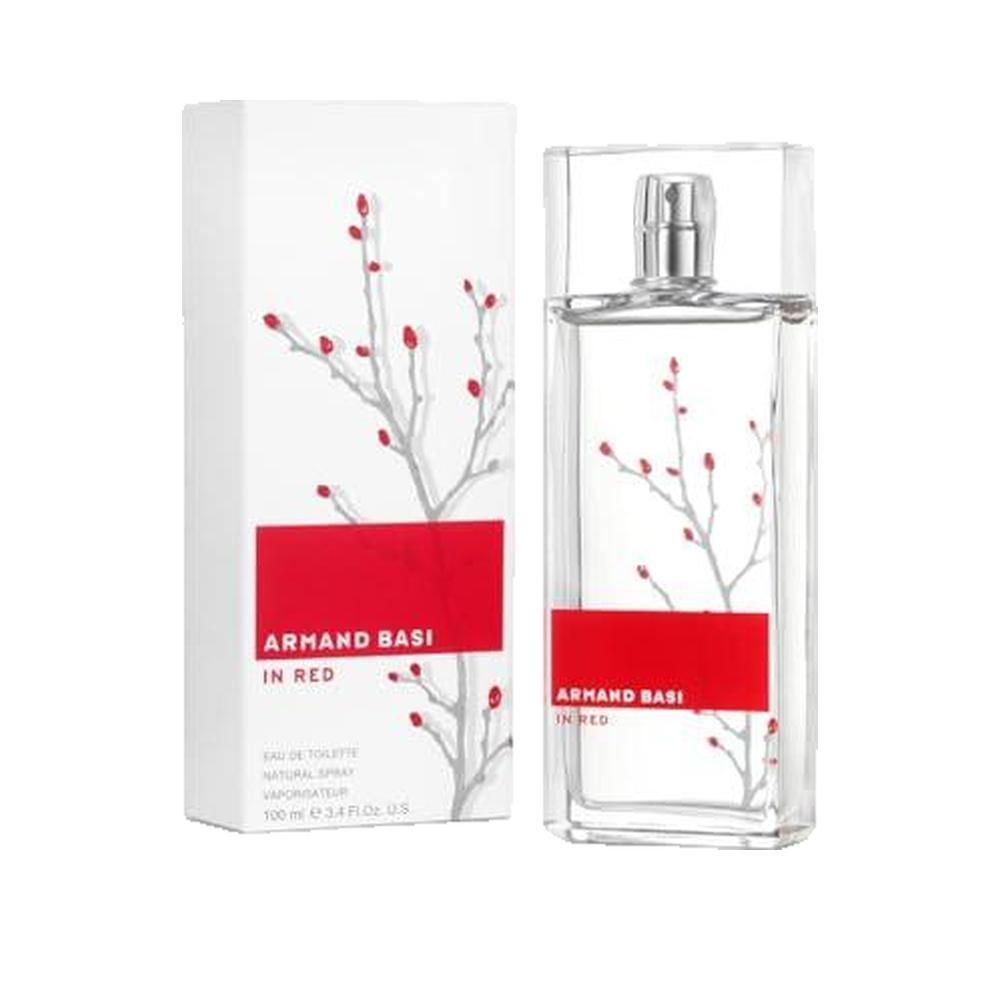 Armand Basi In Red Eau de Toilette Damen. Flakon und Verpackung. Weiß, rot, transparent. Zweig-Dekor.
