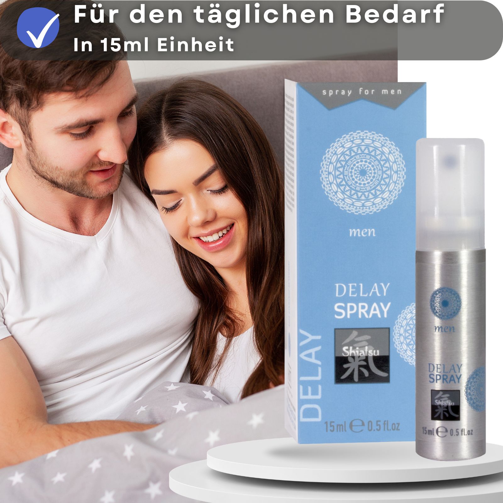 Sprühflasche und Paar. Aufschrift: DELAY SPRAY, Shiatsu. 15ml. Für Männer. Mandala-Design.