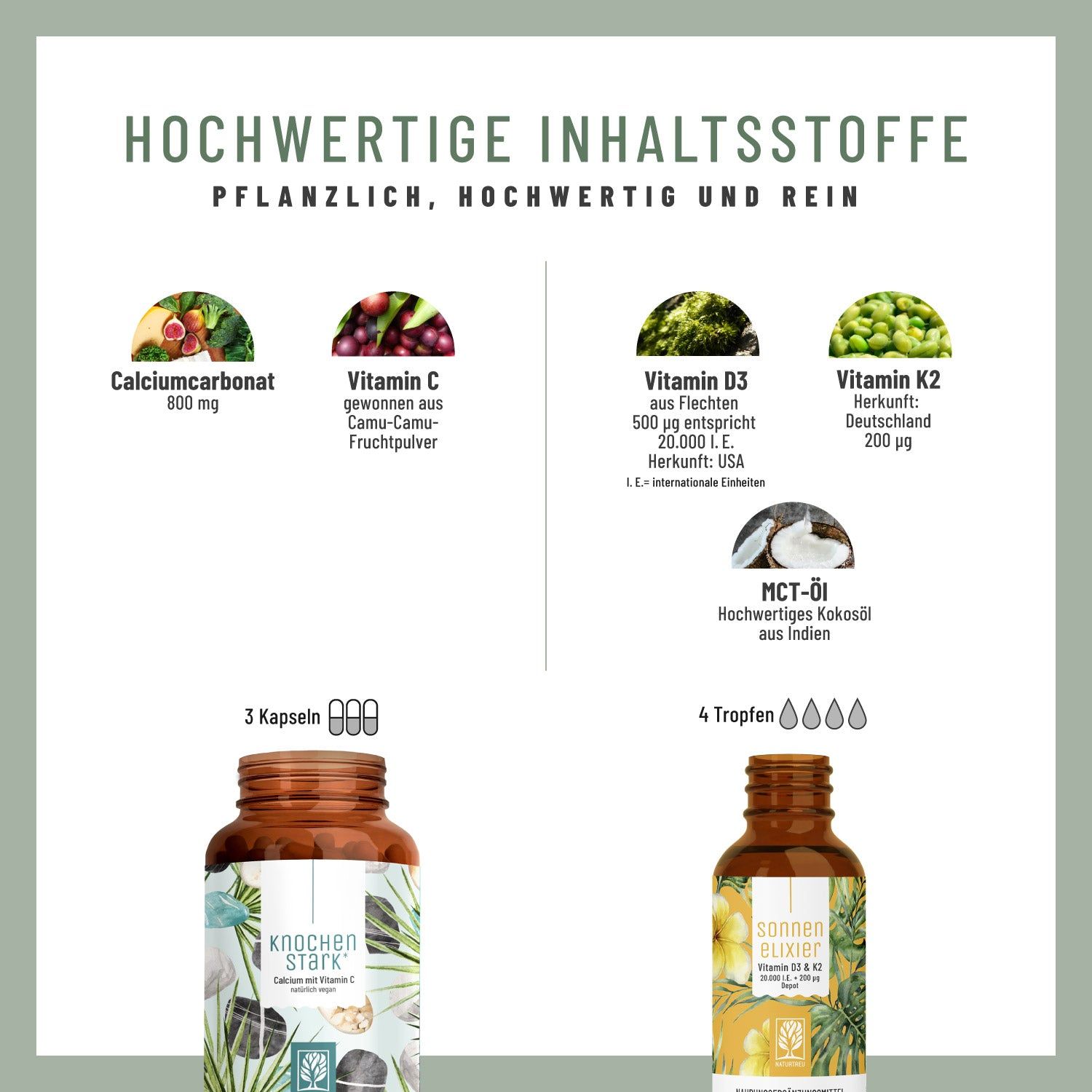 Infografik mit Inhaltsstoffen: Calciumcarbonat, Vitamin C, Vitamin D3, Vitamin K2. Kapseln und Tropfen.