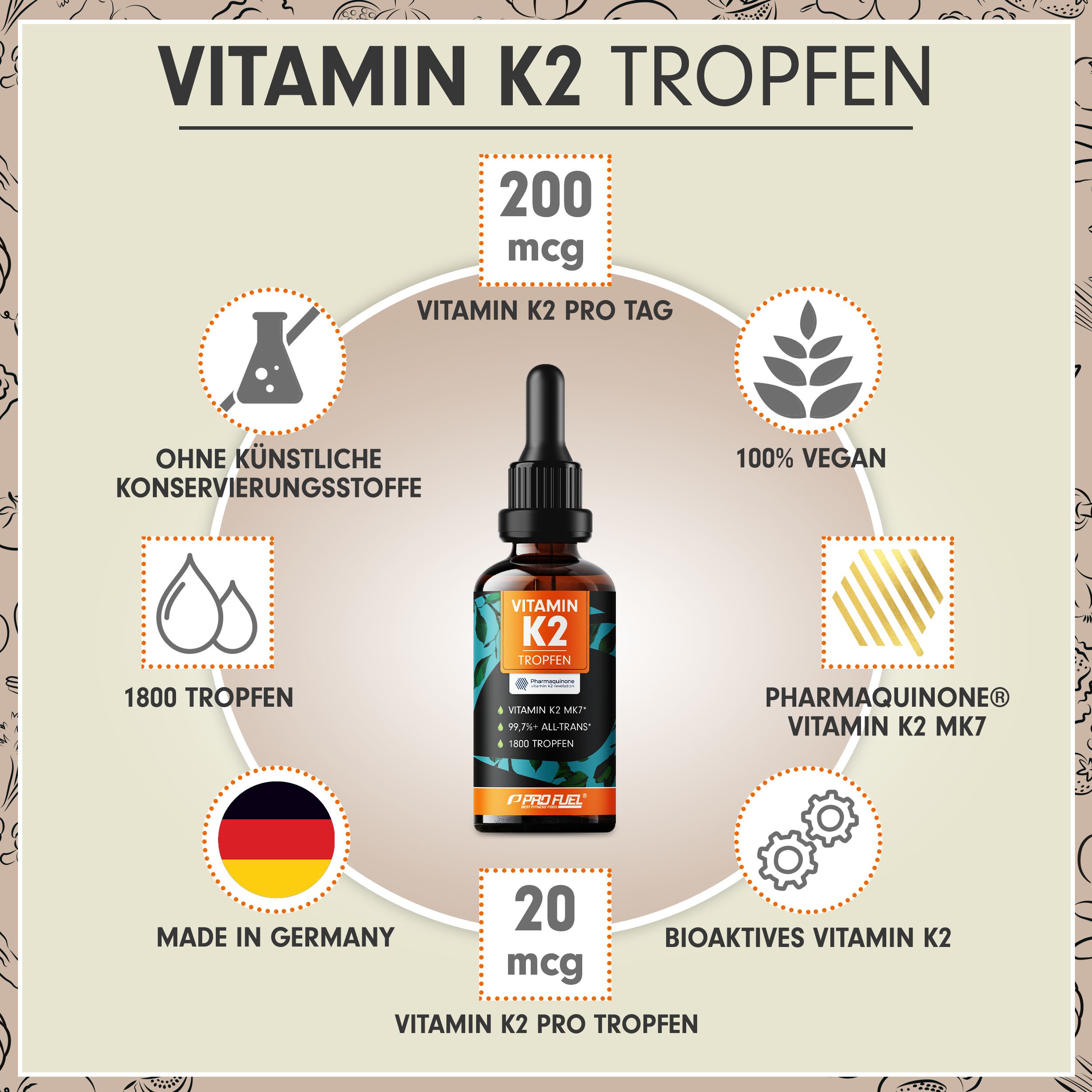 Grafik mit Vitamin K2 Tropfen Flasche. Informationen: 200 mcg, 1800 Tropfen, vegan, Pharmaquinone, Made in Germany.