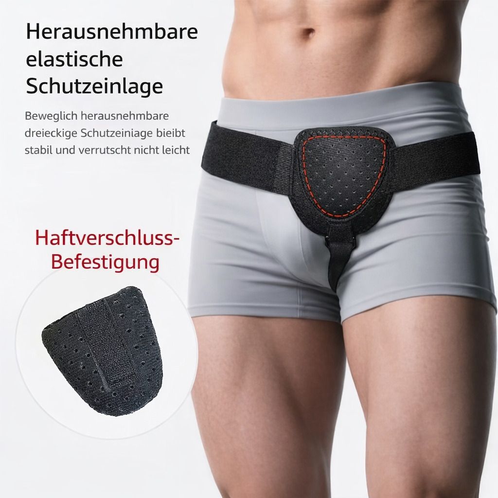 Nahaufnahme des Leistenstützgürtels mit herausnehmbarer, dreieckiger Schutzeinlage. Text: 'Haftverschluss-Befestigung' und 'Herausnehmbare elastische Schutzeinlage'.