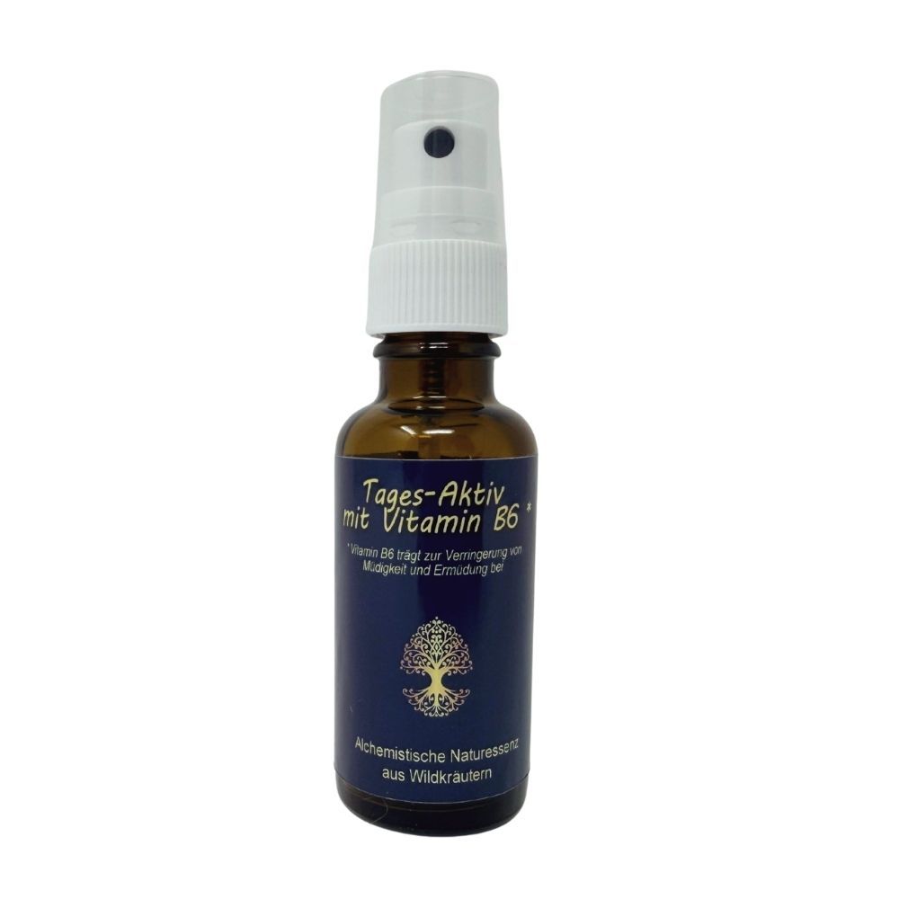 Braune Sprühflasche mit blauem Etikett und weißem Sprühkopf. Enthält Vitamin B6.