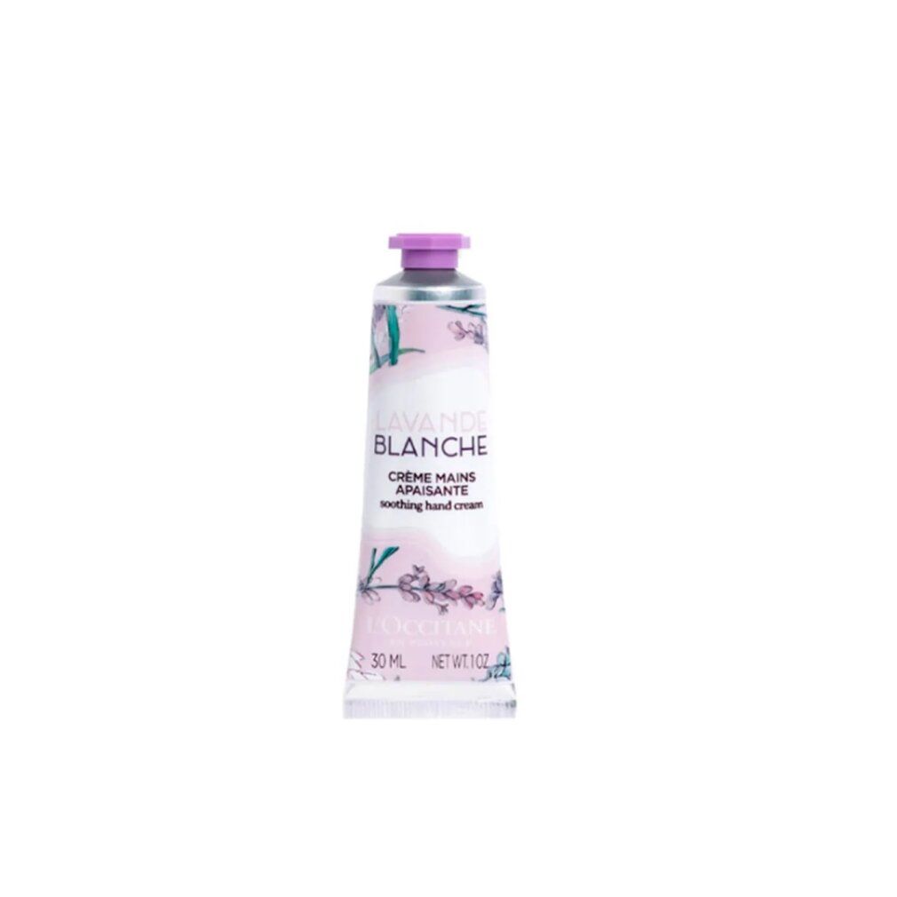 Handcreme-Tube, Lavande Blanche. Text: Crème Mains Apaisante, L'Occitane. 30 ml. Lila Verschluss.