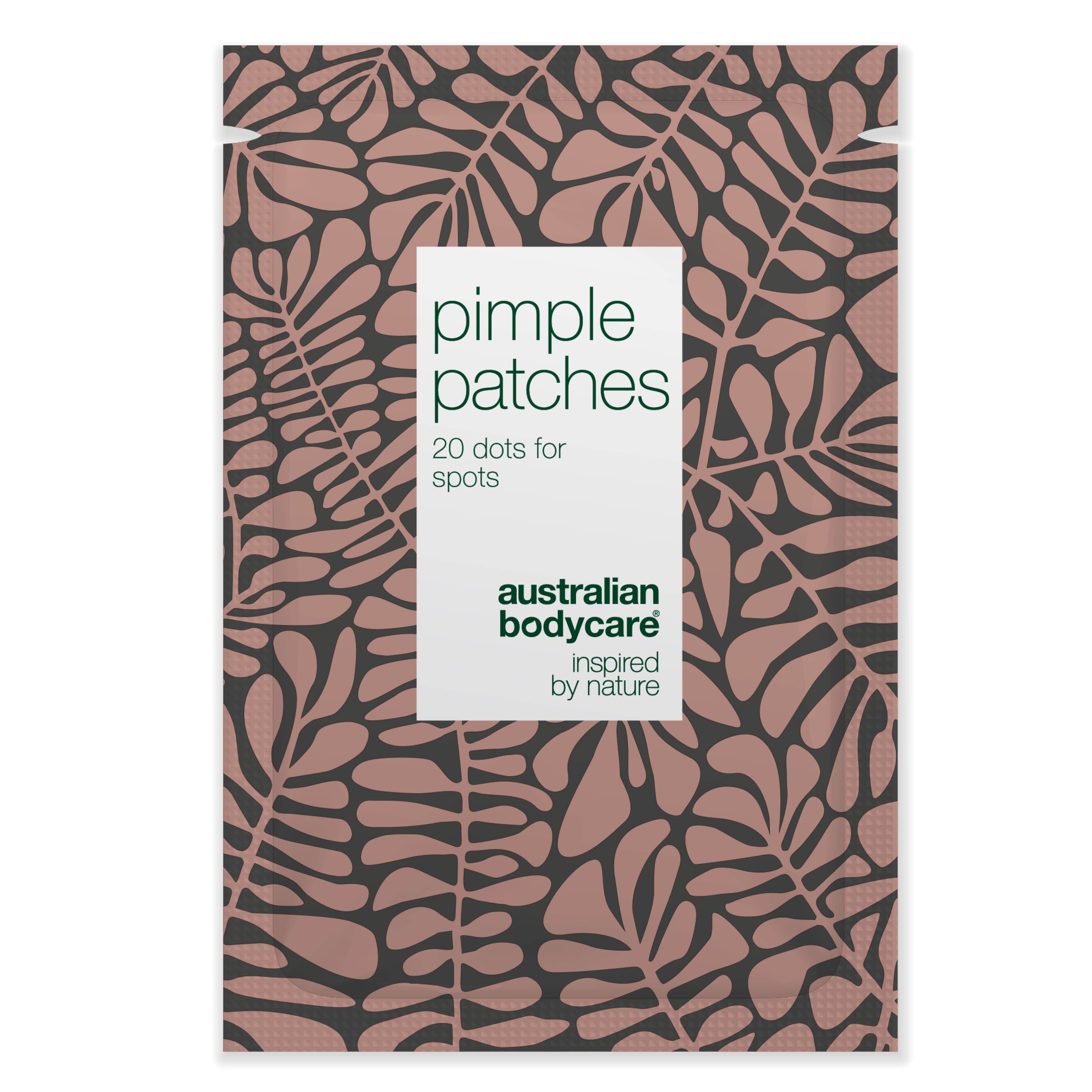 Verpakking met puistjespleisters. Opschrift: Pimple Patches, 20 Dots for Spots, Australian Bodycare.