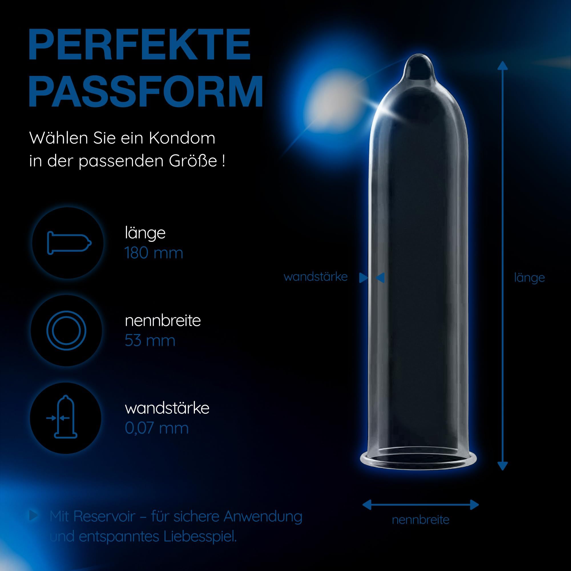 Vitalis Kondom: Länge 180mm, Nennbreite 53mm, Wandstärke 0.07mm. Mit Reservoir.