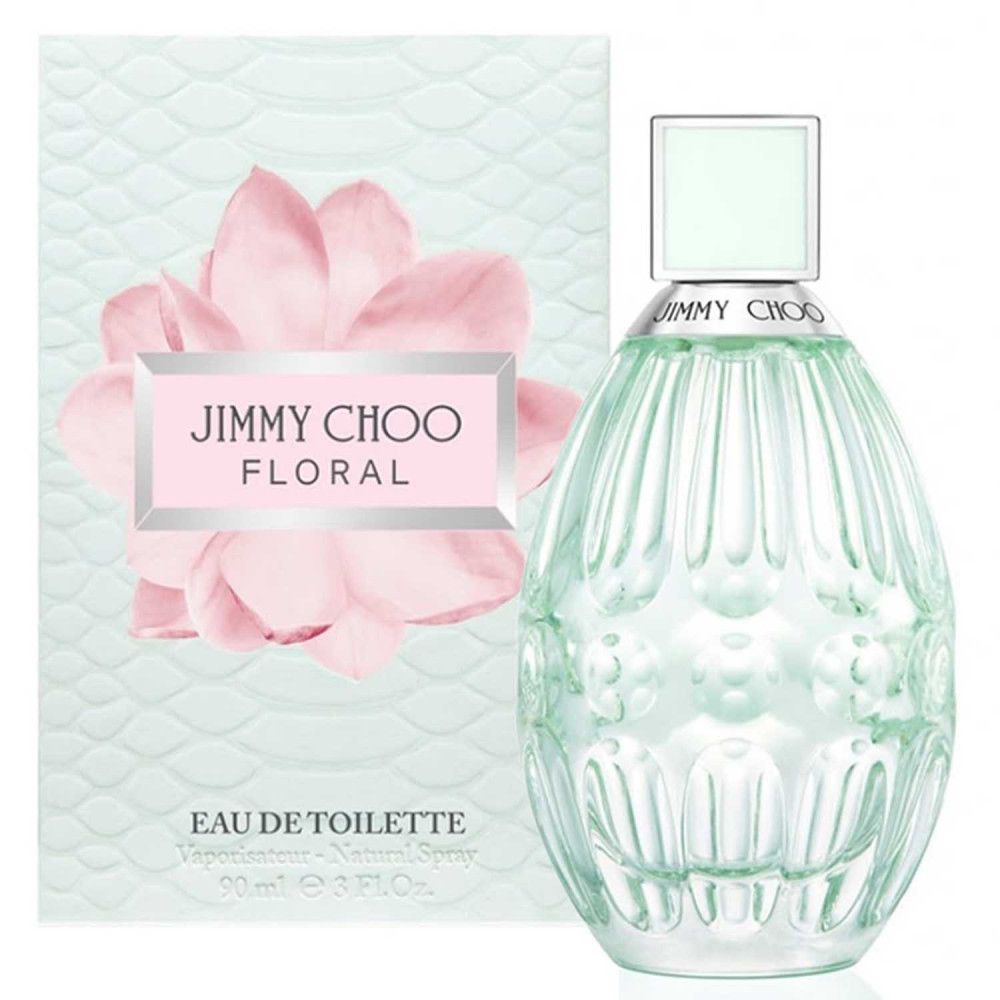 Jimmy Choo Floral Eau de Toilette Flakon und Verpackung. Flakon mit geriffelter Oberfläche, hellgrüner Verschluss. Verpackung mit Blumenmotiv.