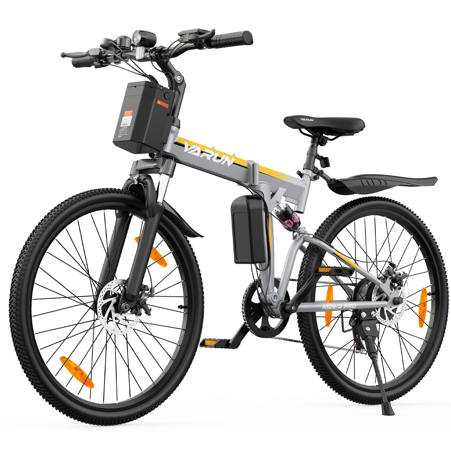 Faltbares E-Bike, grau-gelb. Schwarze Reifen, Sattel, Lenker. Akku und Motor sichtbar. VARUN-Logo.