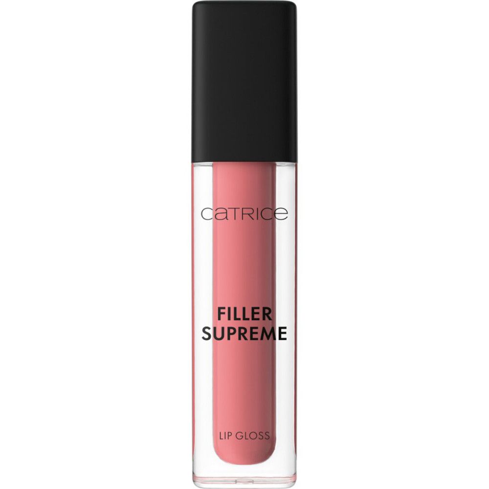 Catrice Lippenfiller Gloss, transparente Flasche mit rosa Inhalt. Schwarzer Deckel. Aufschrift: FILLER SUPREME, LIP GLOSS.