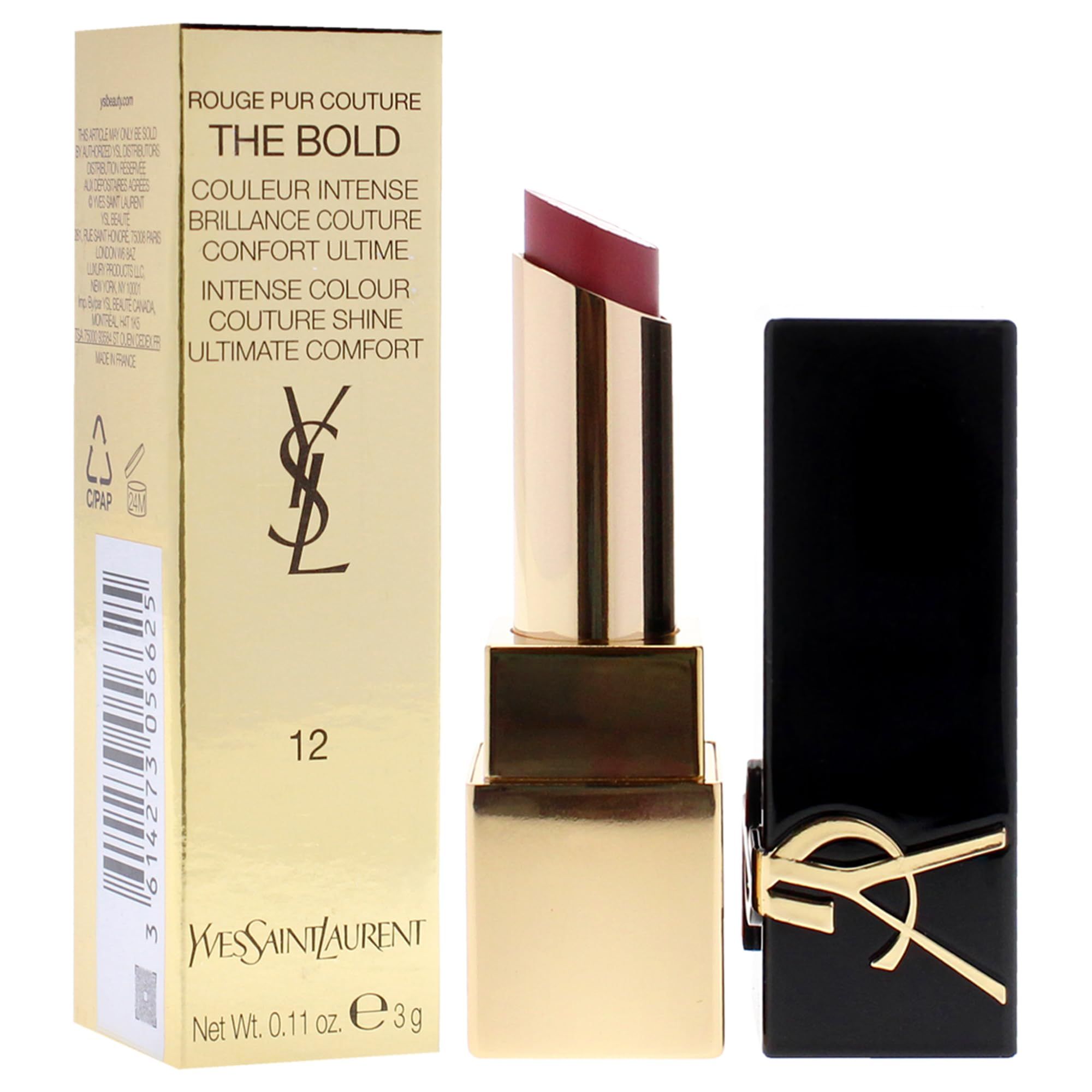 Goldene Verpackung, goldener Lippenstift und schwarze Kappe. Lippenstift mit roter Spitze. YSL-Logo und Produktbezeichnung.
