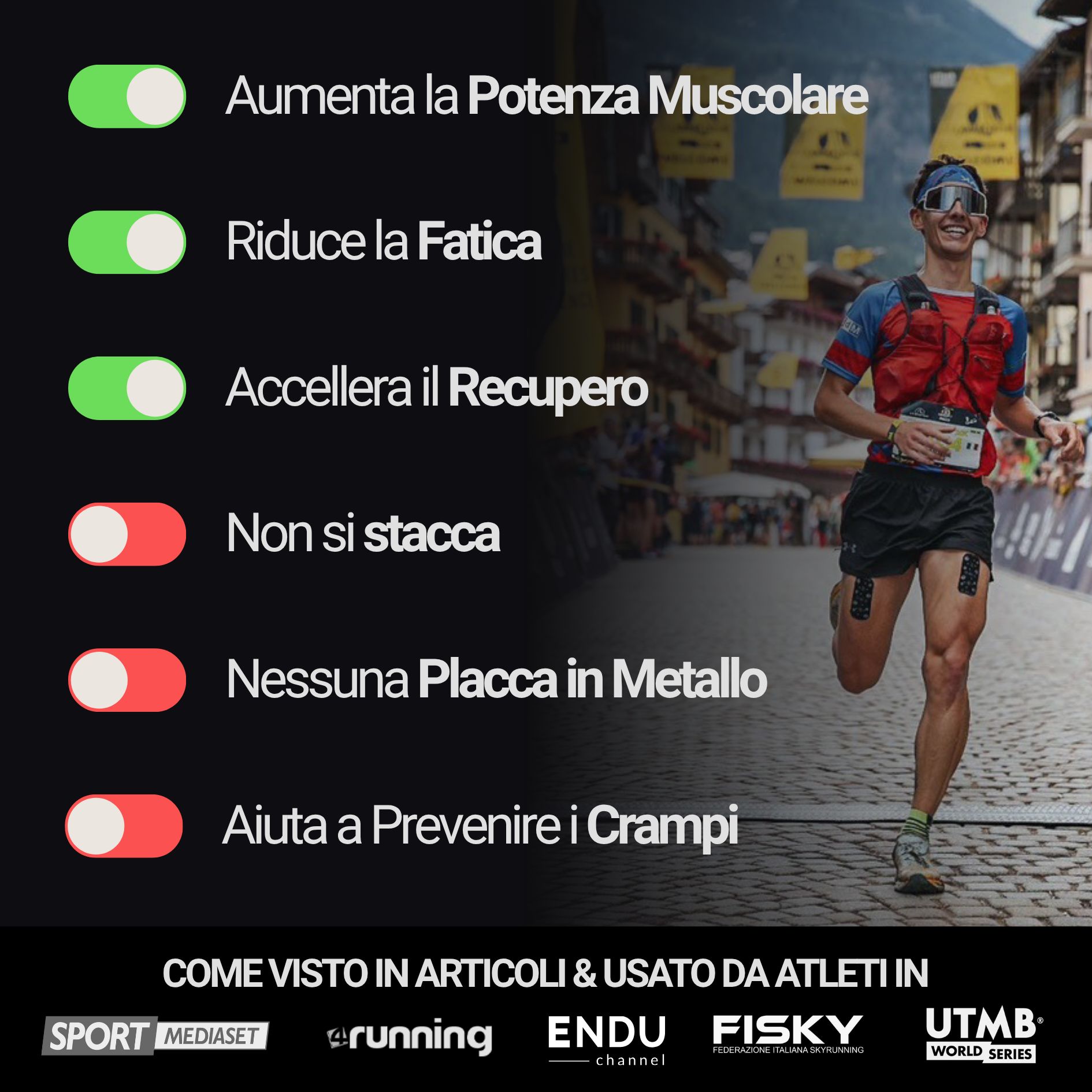 Läufer mit Omstrip-Pflastern an den Beinen. Text: Steigert die Muskelkraft, reduziert Ermüdung, beschleunigt die Erholung. Logos.