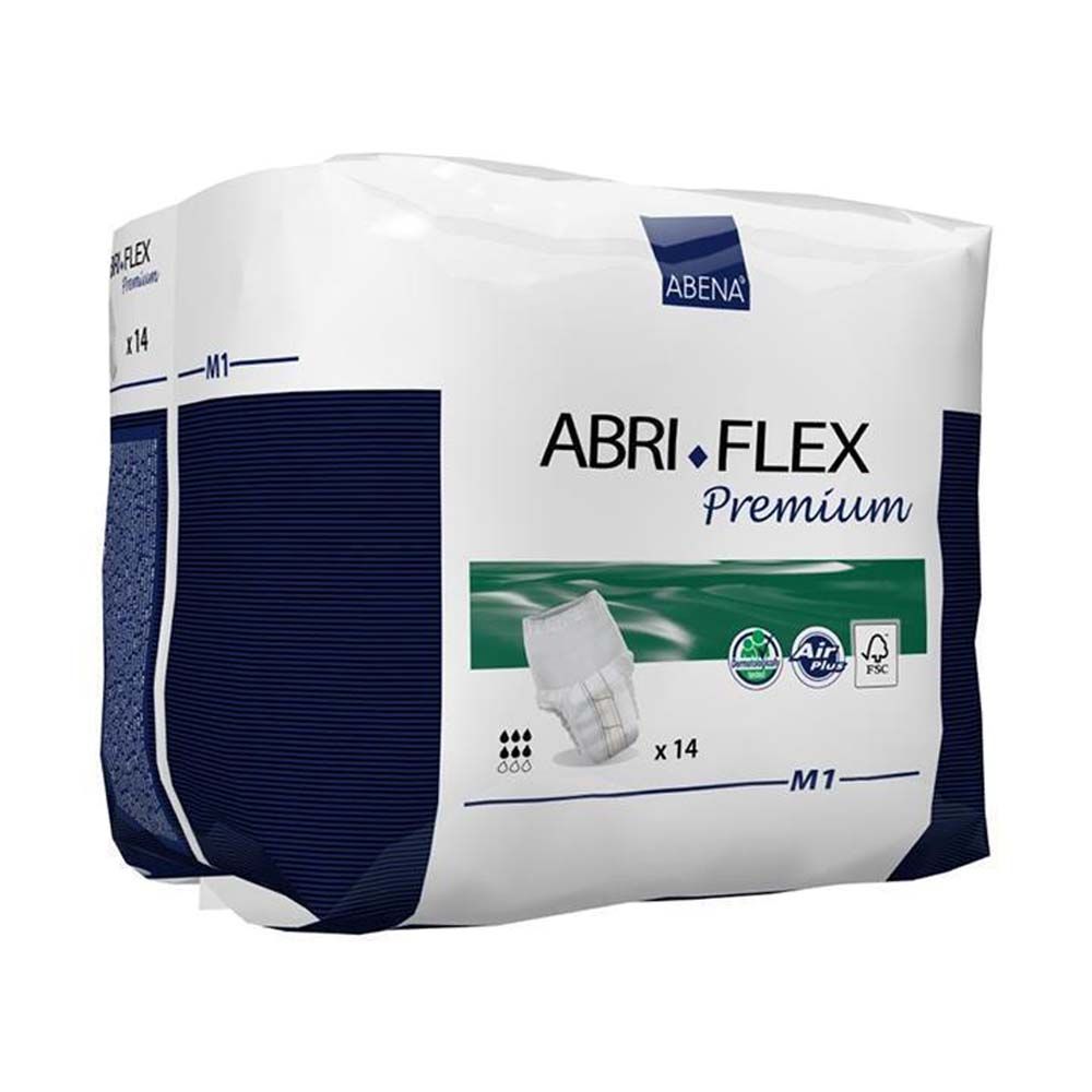 Abena Abri-Flex Premium M1. Verpackung, schräg. Text: ABRI-FLEX Premium, M1, x14. Logos: Air Plus, FSC. Abena Logo.