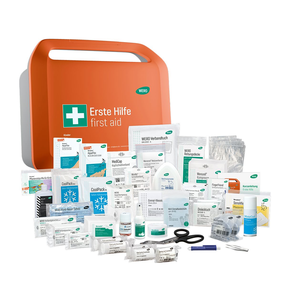 Erste-Hilfe-Koffer, orange, mit Inhalt: Verbandsmaterial, Pflaster, Schere, etc. Grünes Kreuz und Schriftzug.