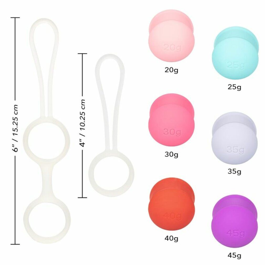 Kegel-Set mit Kugeln in verschiedenen Farben und Gewichten. Zwei Kugeln mit Schlaufen, drei einzelne Kugeln.