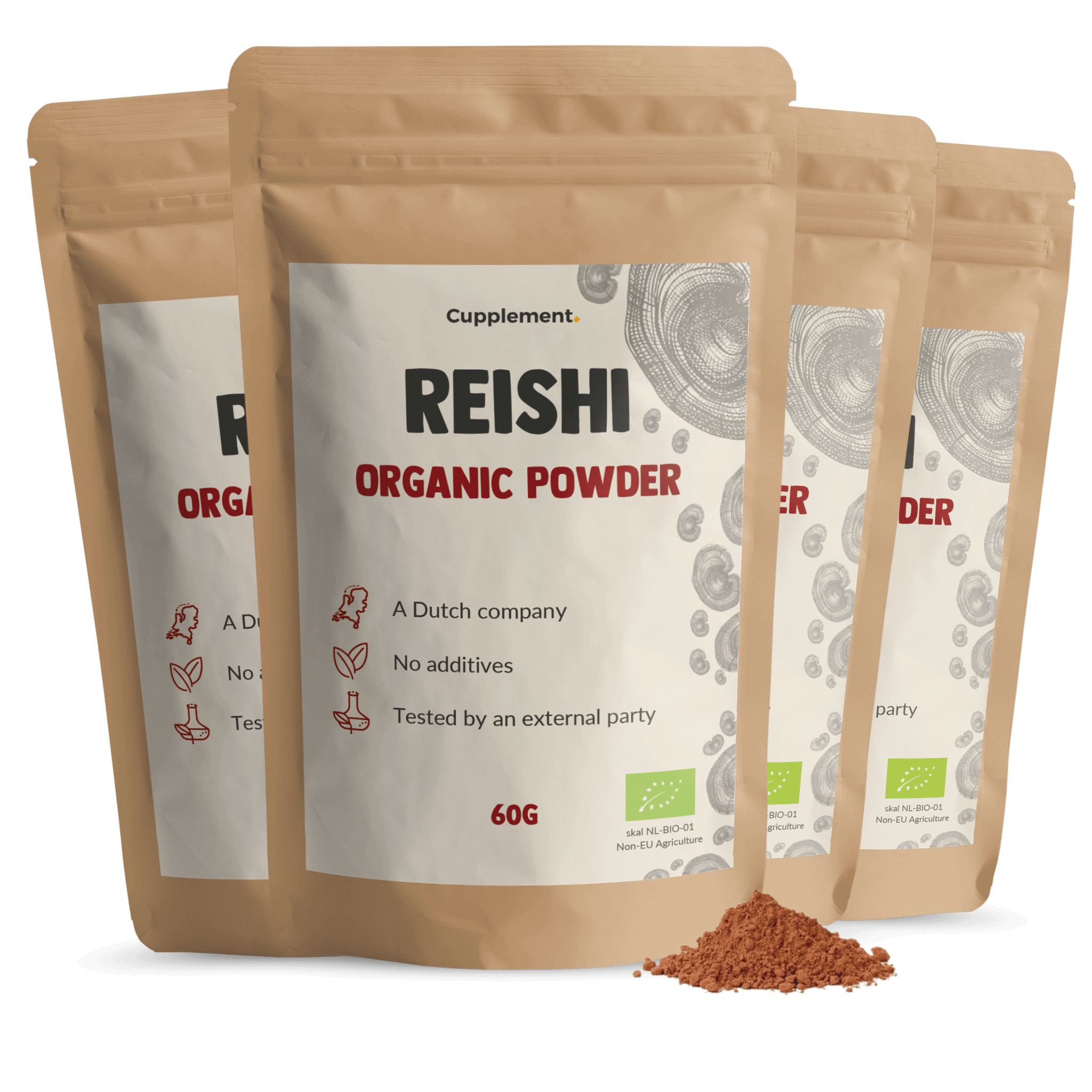 Mehrere Beutel Reishi-Pulver. Aufschrift: Reishi Organic Powder, 60g. Bio-Siegel. Braune Pulvermenge.